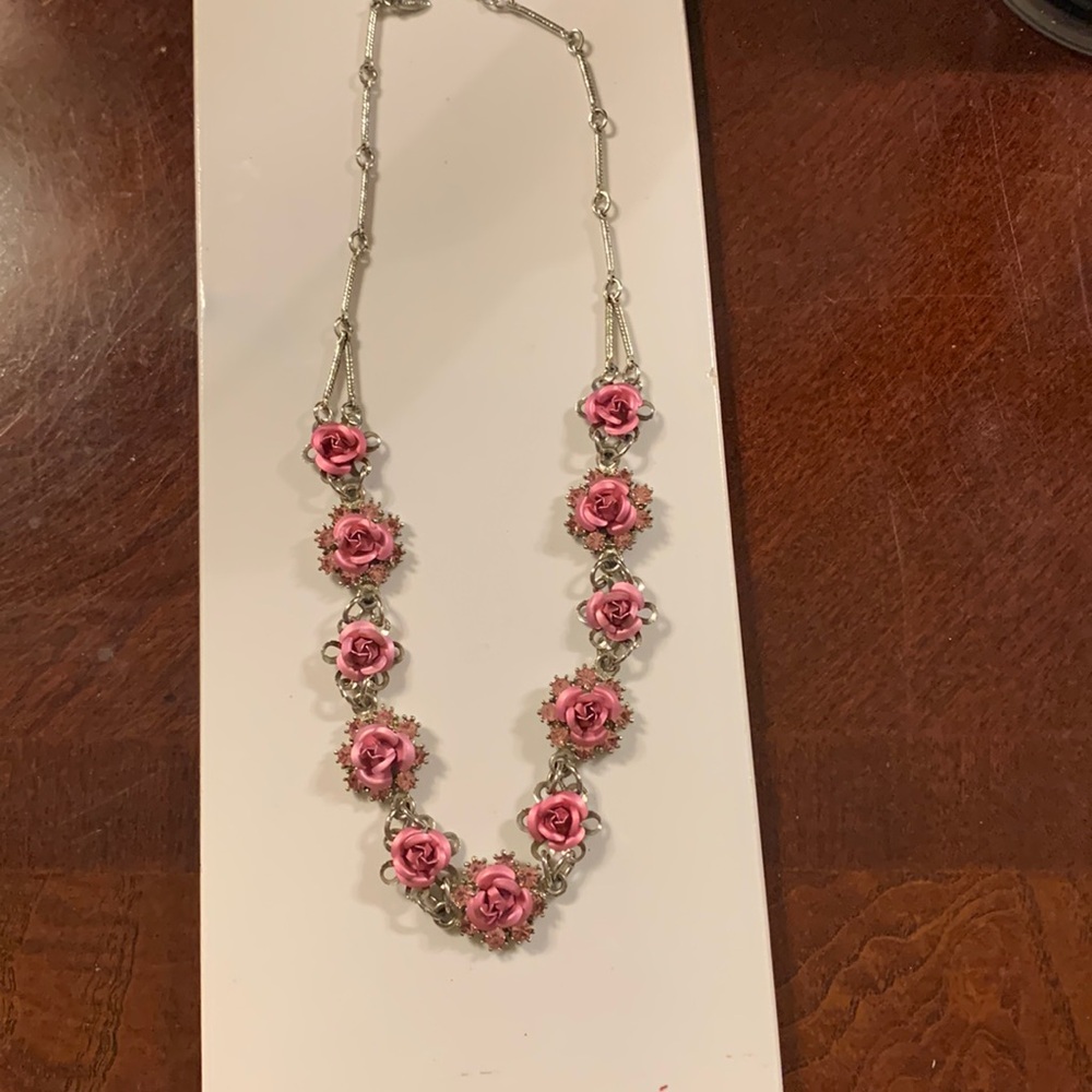 Short Pink Roses And Silver Tone Chain, Extender